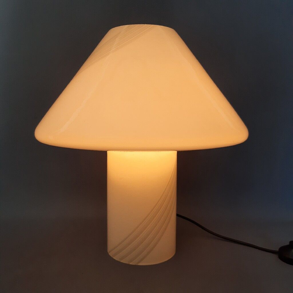 Opal Murano glass mushroom lamp with spiral stripes, 1970s modernist design.