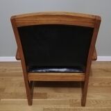 Colonial armchair in teak and black leather