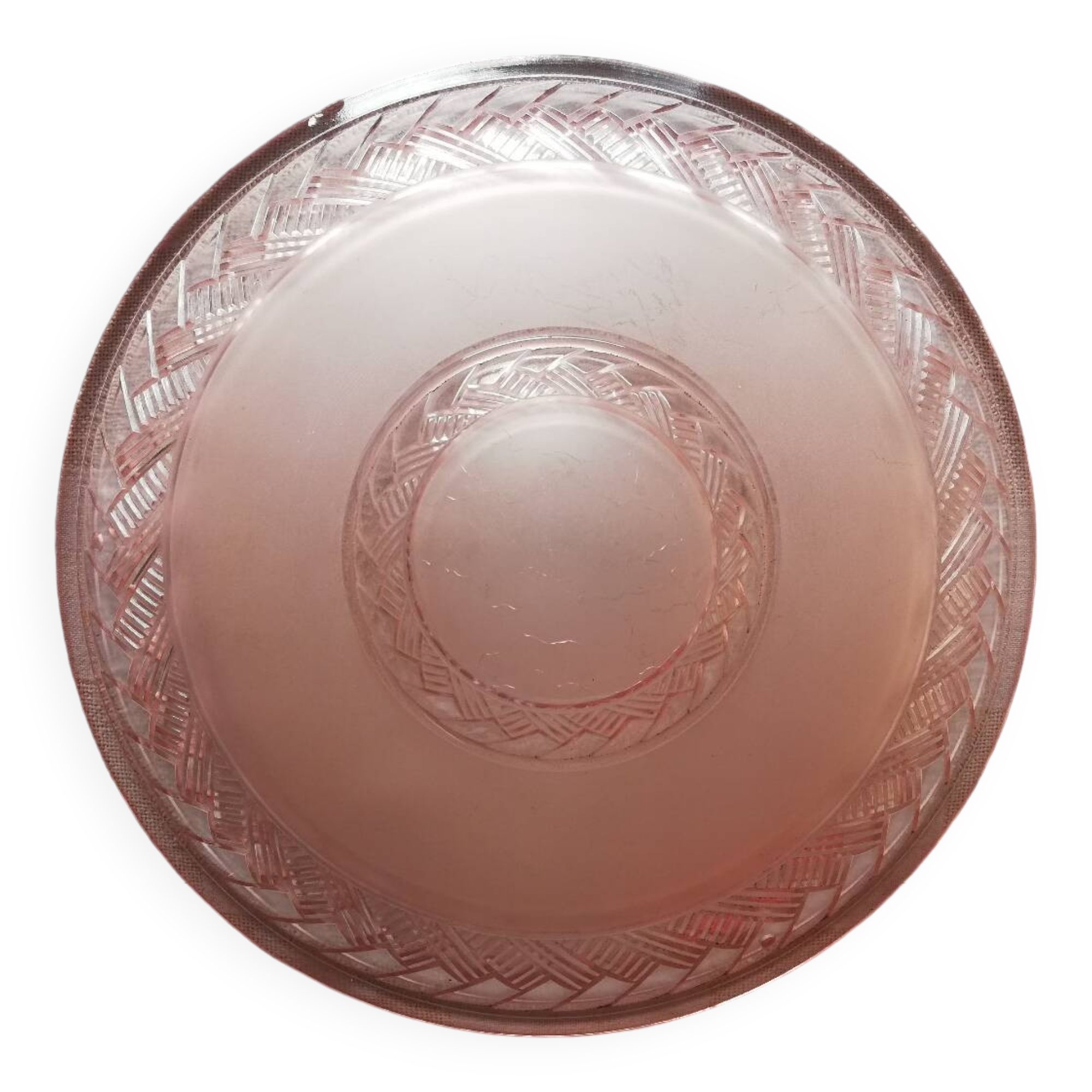 Antique ceiling light in frosted and engraved pink glass.