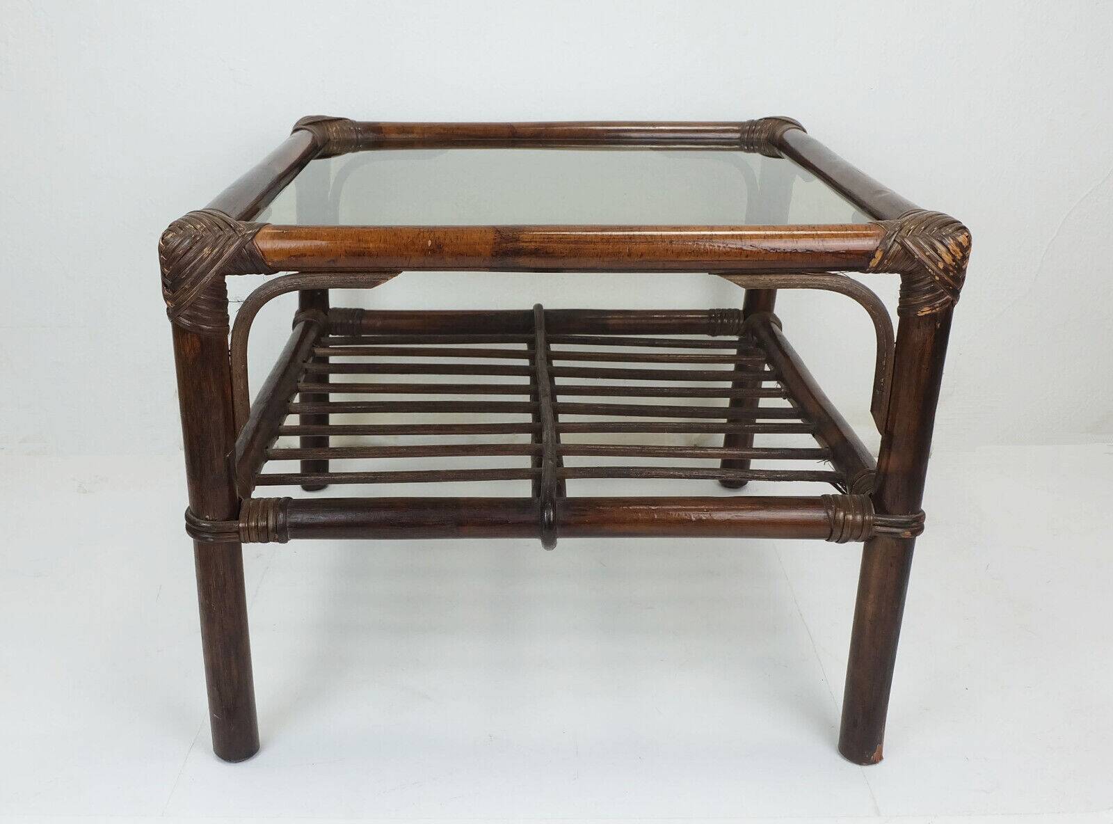 1970s mid century SIDE TABLE coffee table bamboo wicker glass