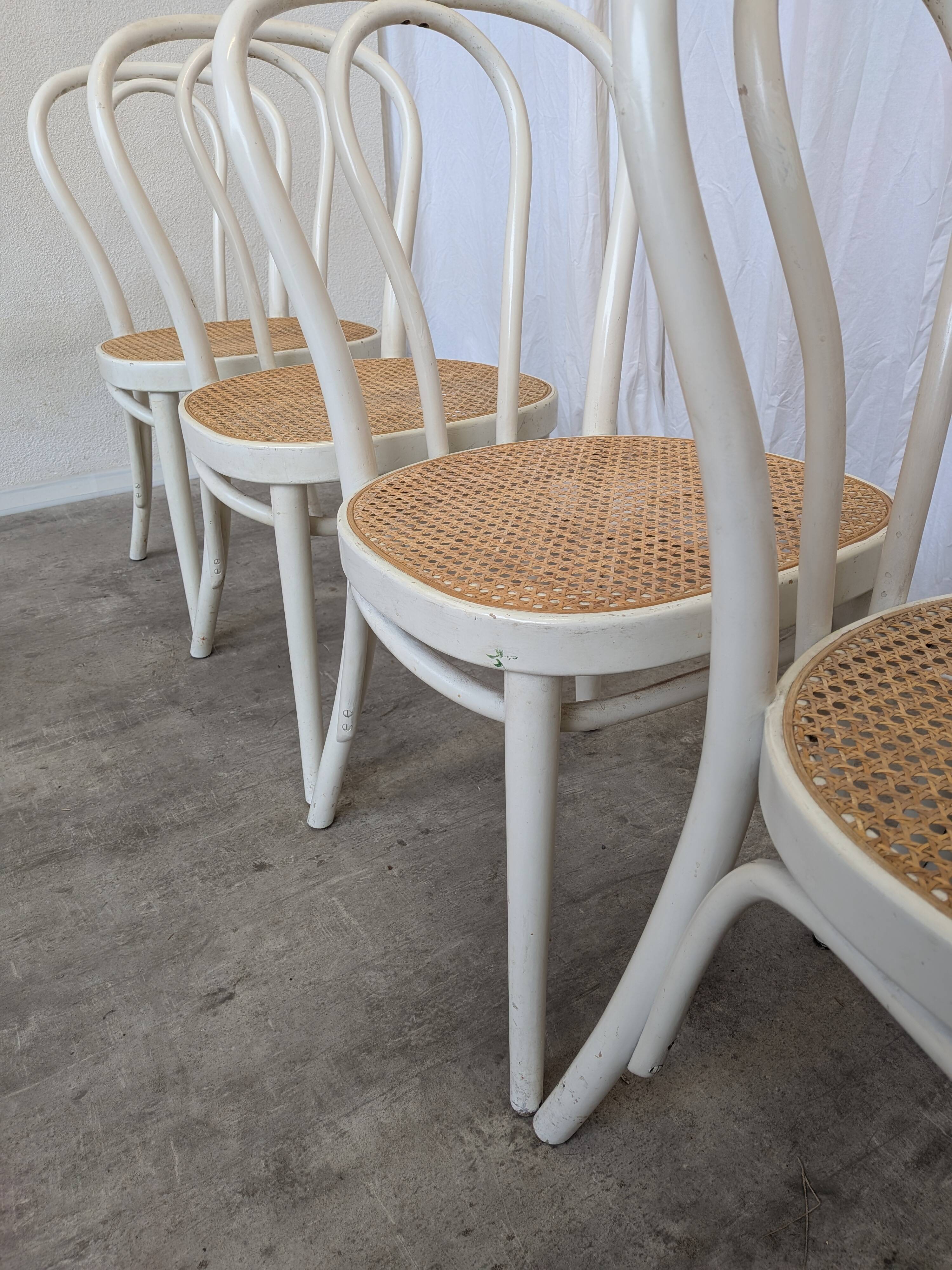Set of 4 Vintage Thonet Style Dining Chairs: White Wood & Cane Seat
