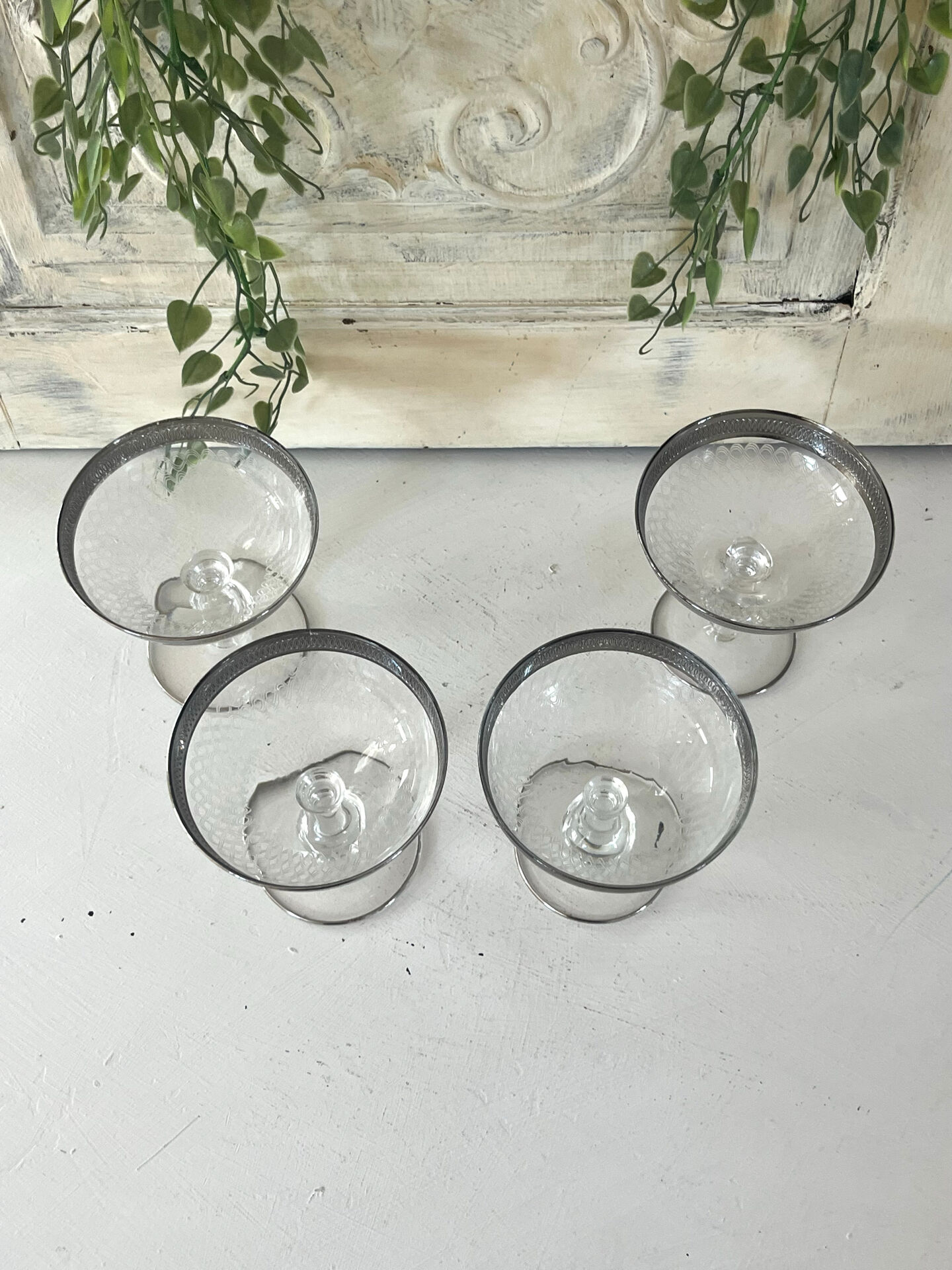 Etched silver rim cocktail coupe glasses set mid century barware
