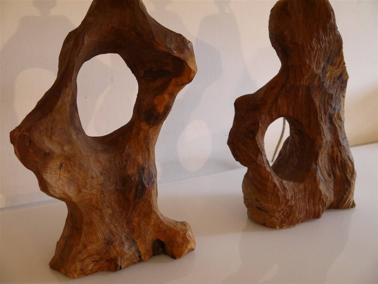 Brutalist pair of wooden lamps from the 1960s.