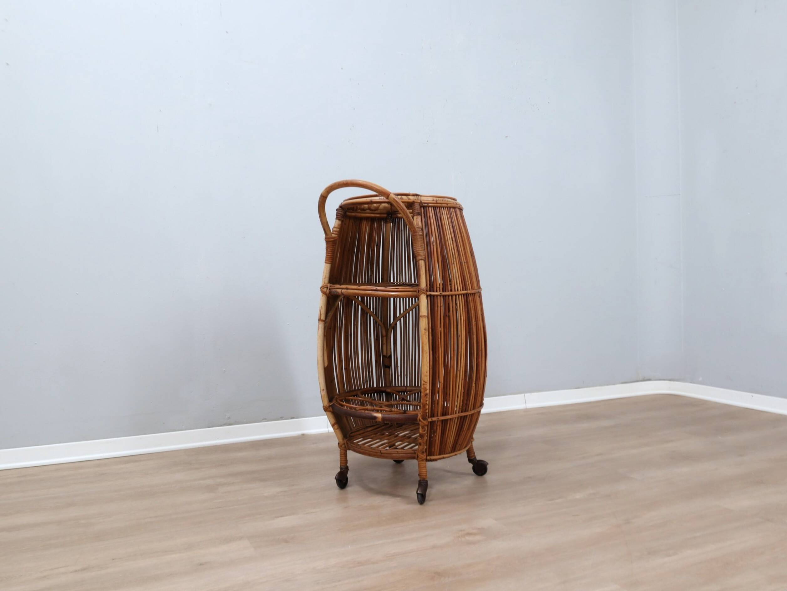 1960s Italian mid-century modern rattan barrel bar cart