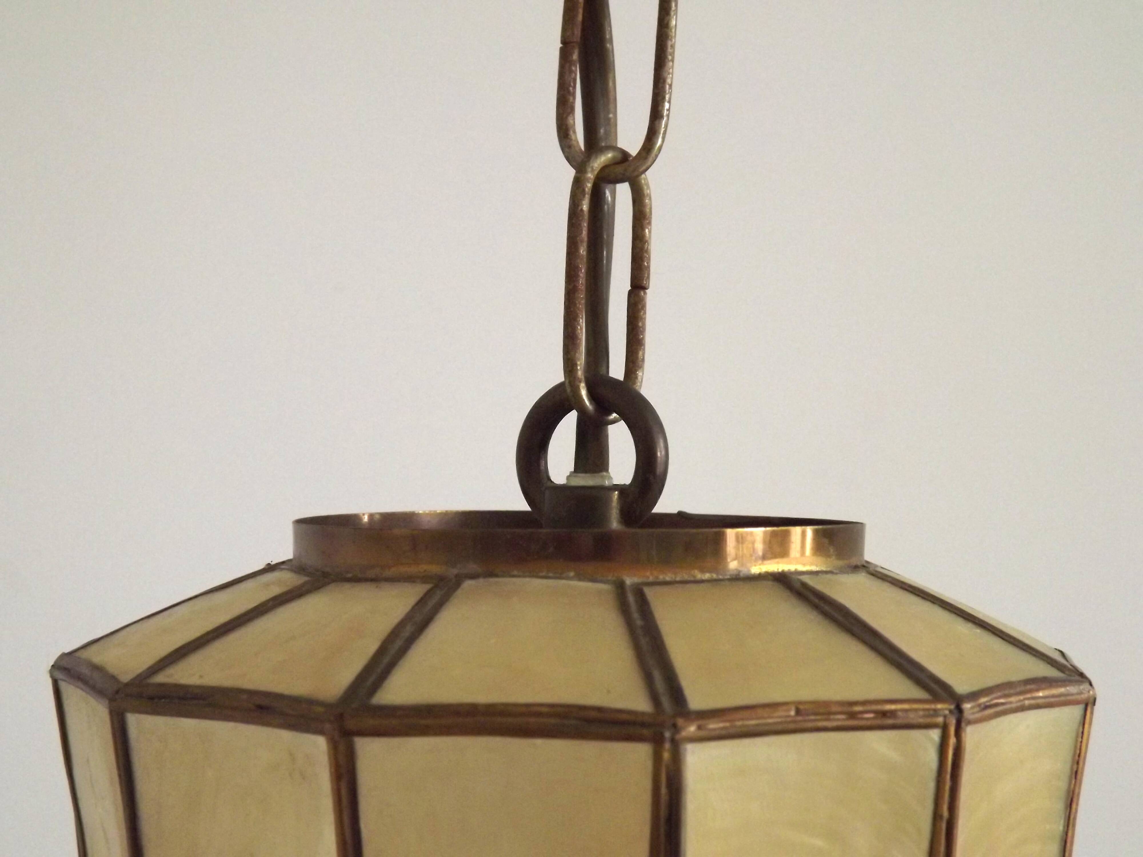 French Vintage Capiz Shell Hanging Pendant Light in Brass Metal and Copper