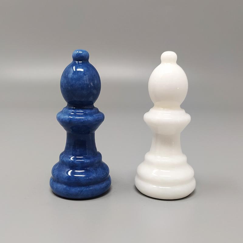 1970s elegant blue and white chess set in volterra alabaster handmade. made in italy