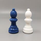 1970s elegant blue and white chess set in volterra alabaster handmade. made in italy