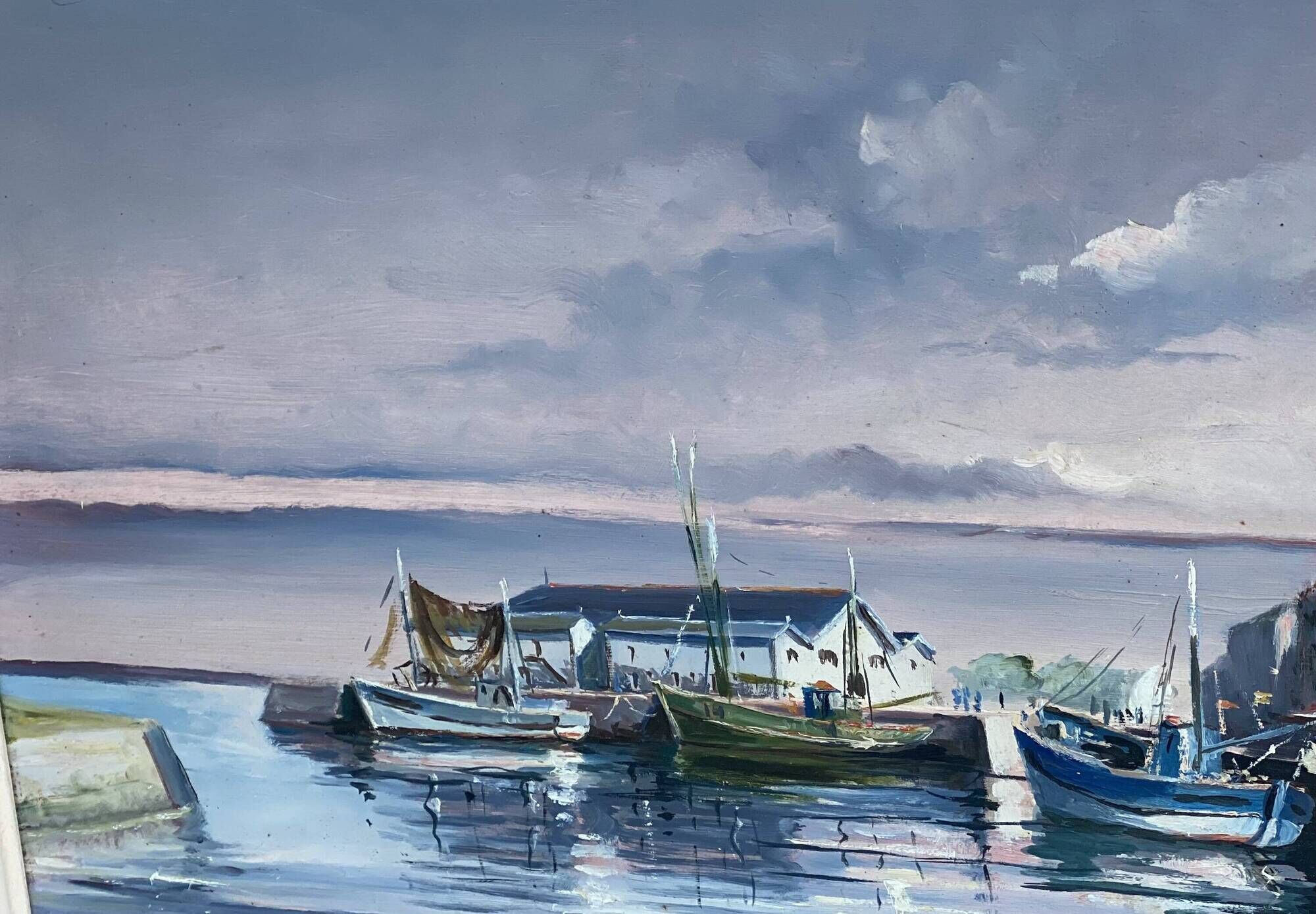 Tableau by René HUCHET, boats in the port of Le Croisic (Brittany) vintage 1950.