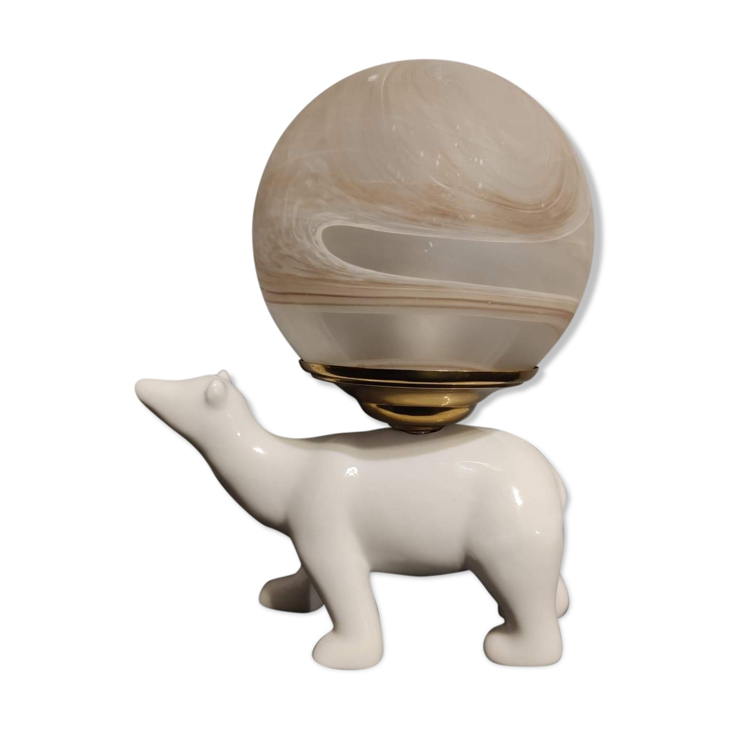 Lampe ours en céramique blanche et globe opaline
