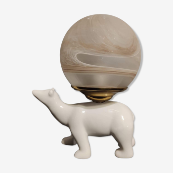 Lampe ours en céramique blanche et globe opaline