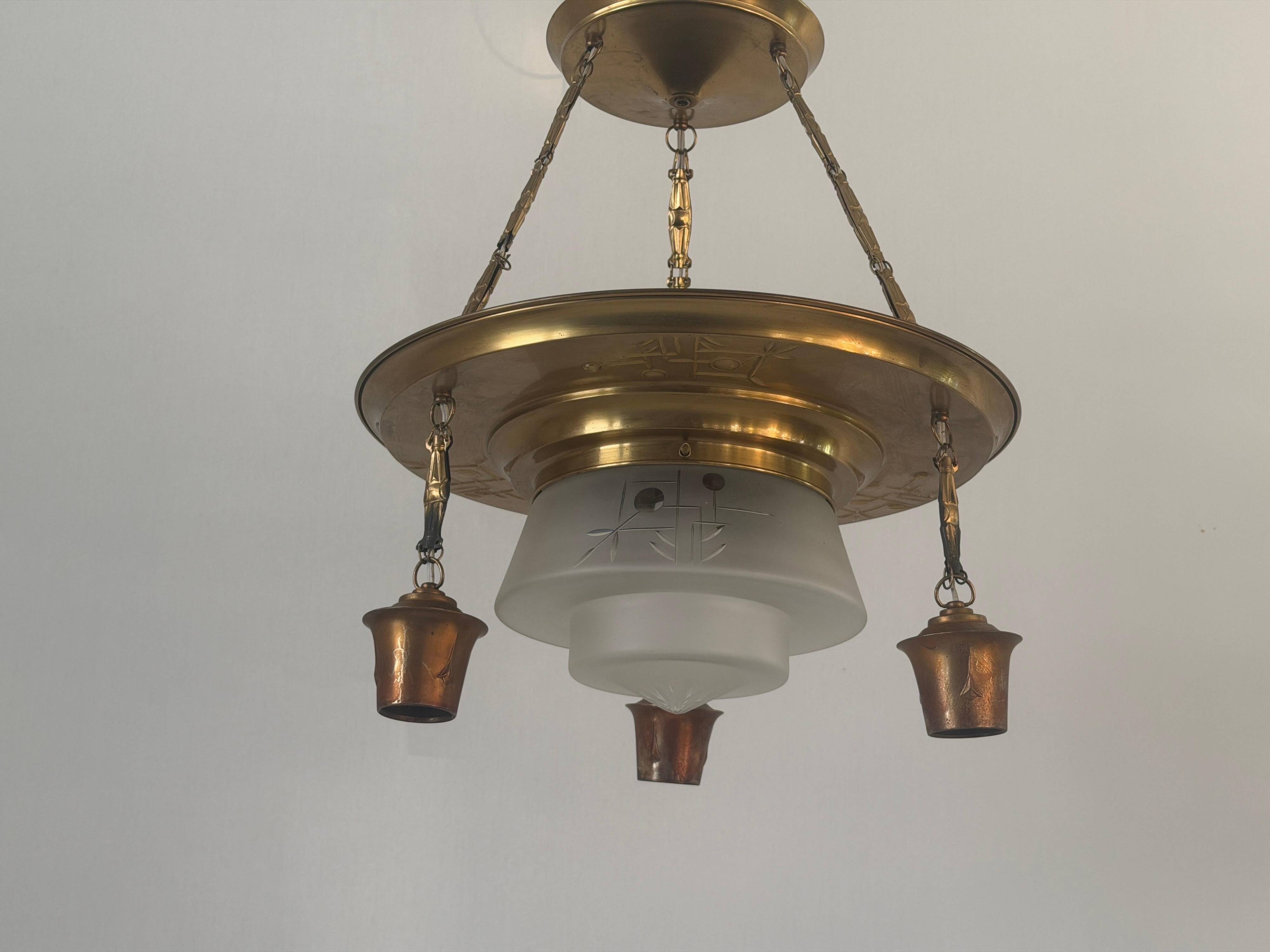 Art Deco ceiling light in copper and glass, 1940s, Germany