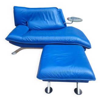 Nicoletti Home Leather Lounge Chair and Footstool Made in Italy Blue
