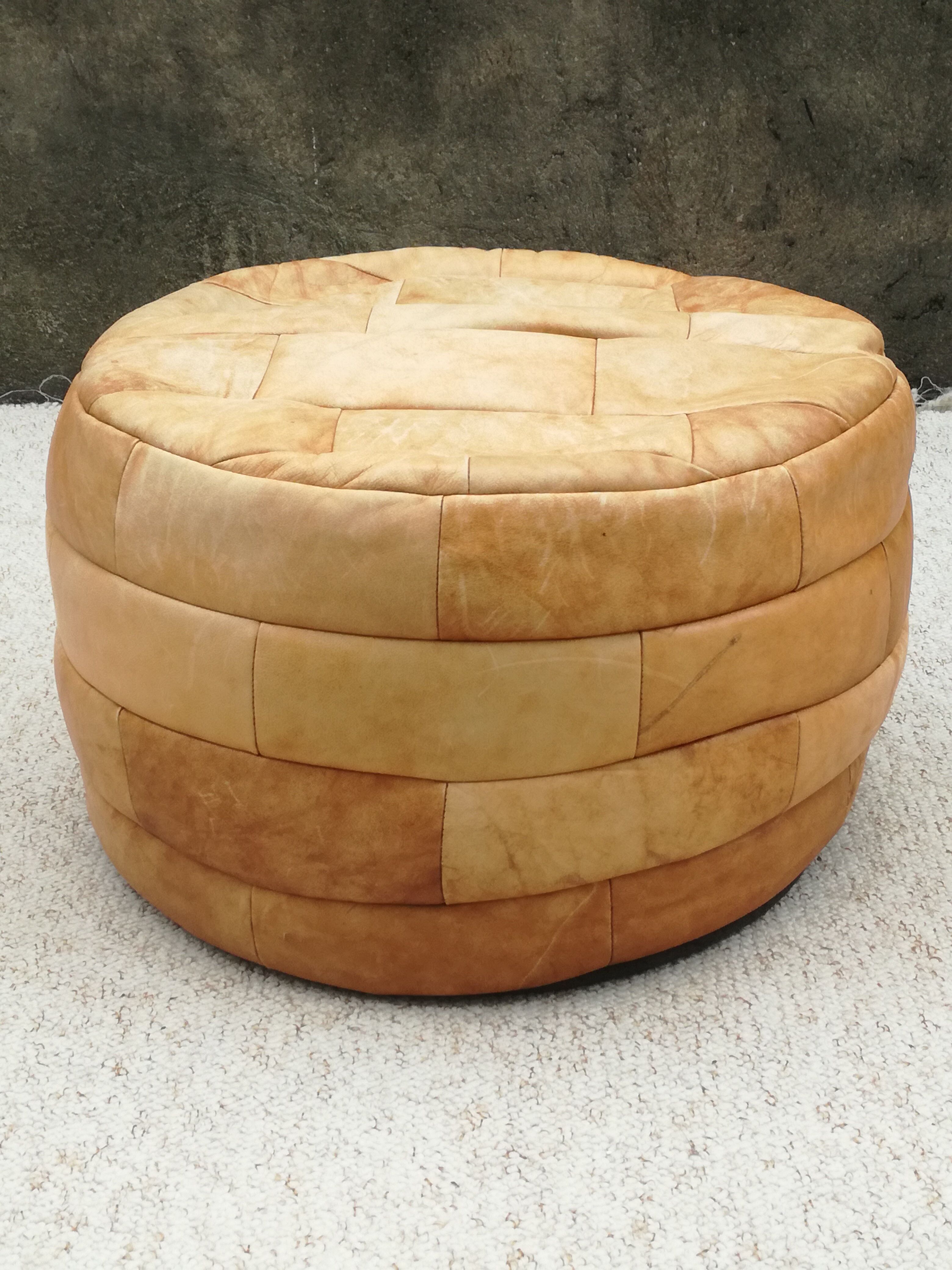 Round leather patchwork pouf 1970