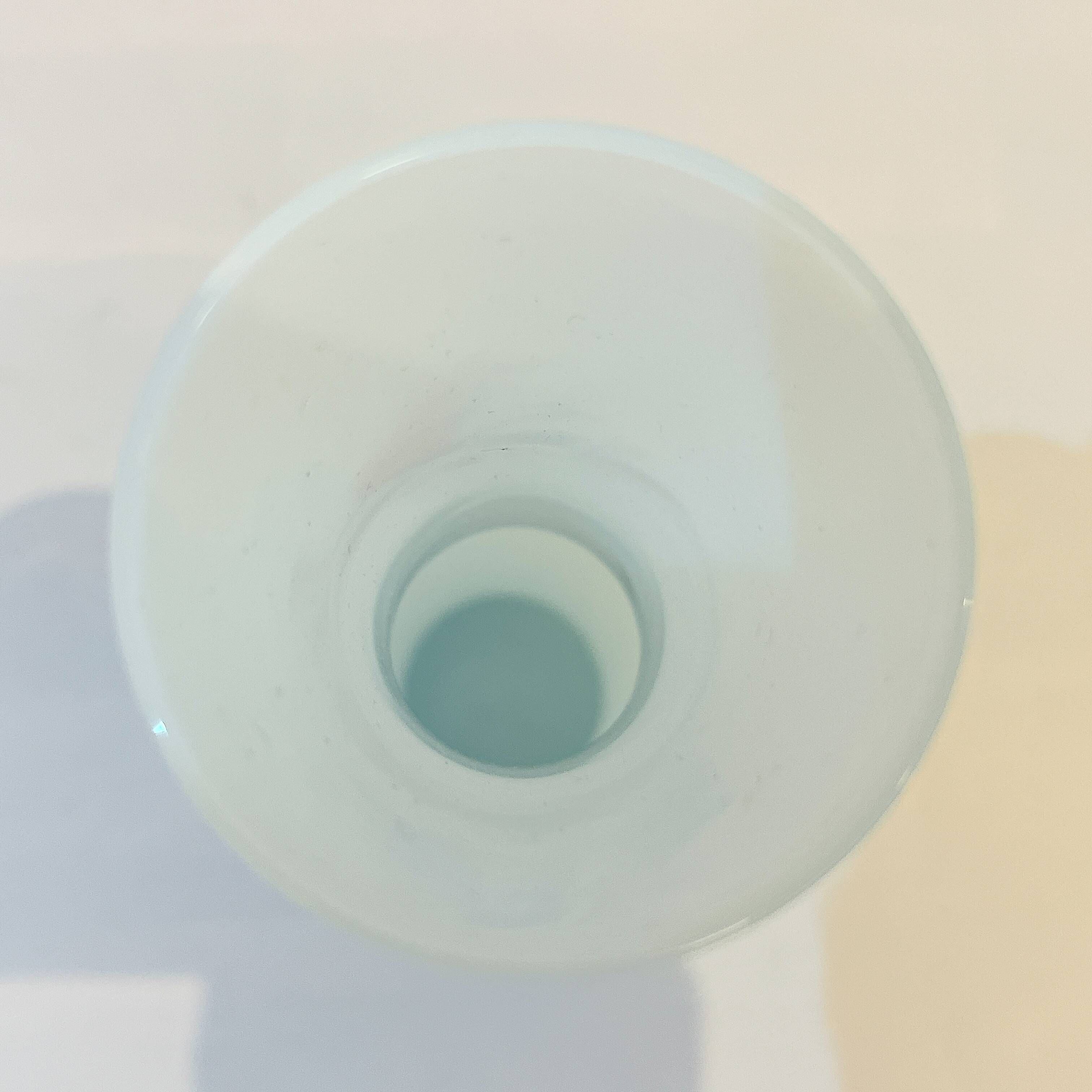 Opaline glass vase with white and blue opaline glass and orange flower pattern, vintage 60s