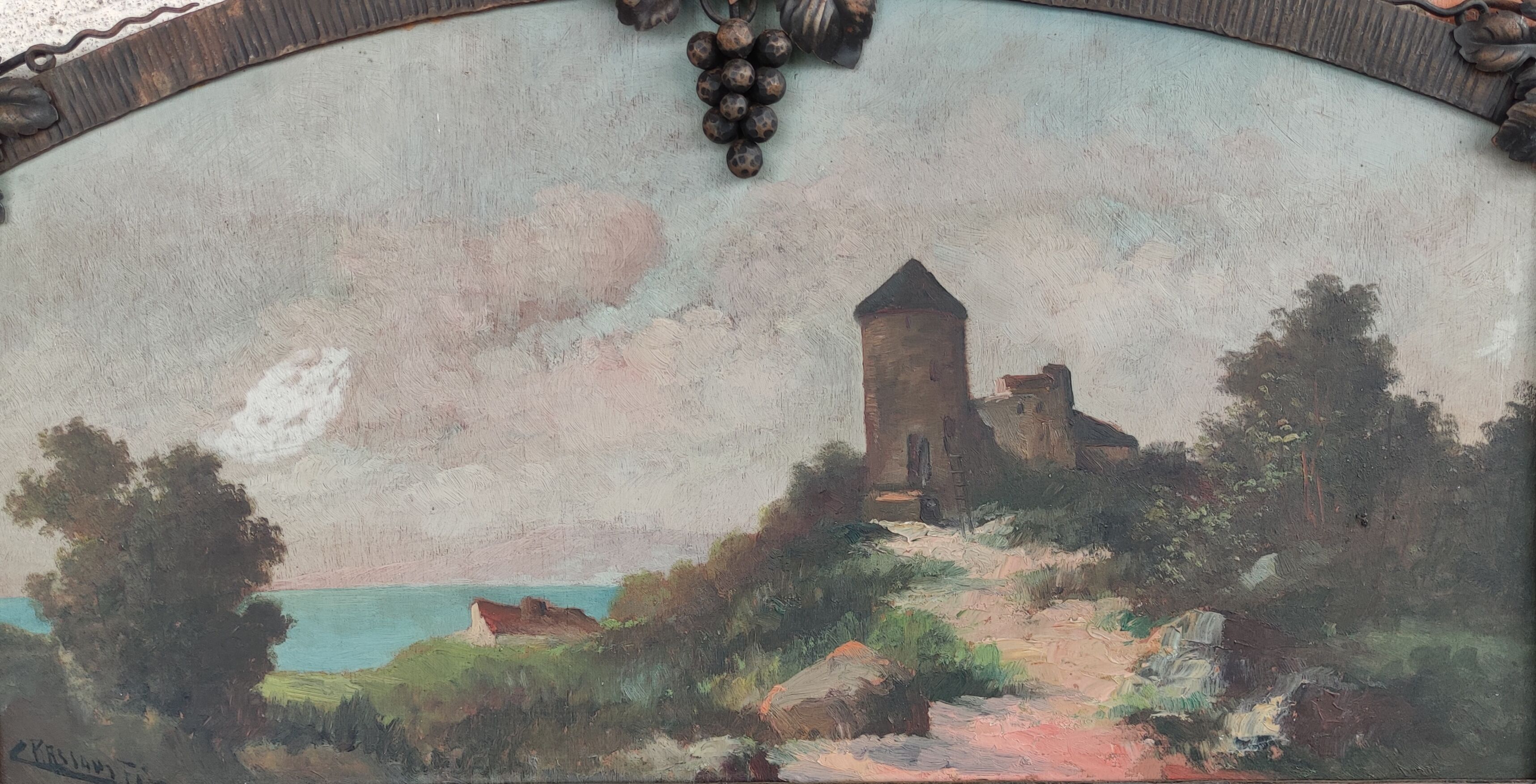Old trumeau wrought iron decoration bunches grapes