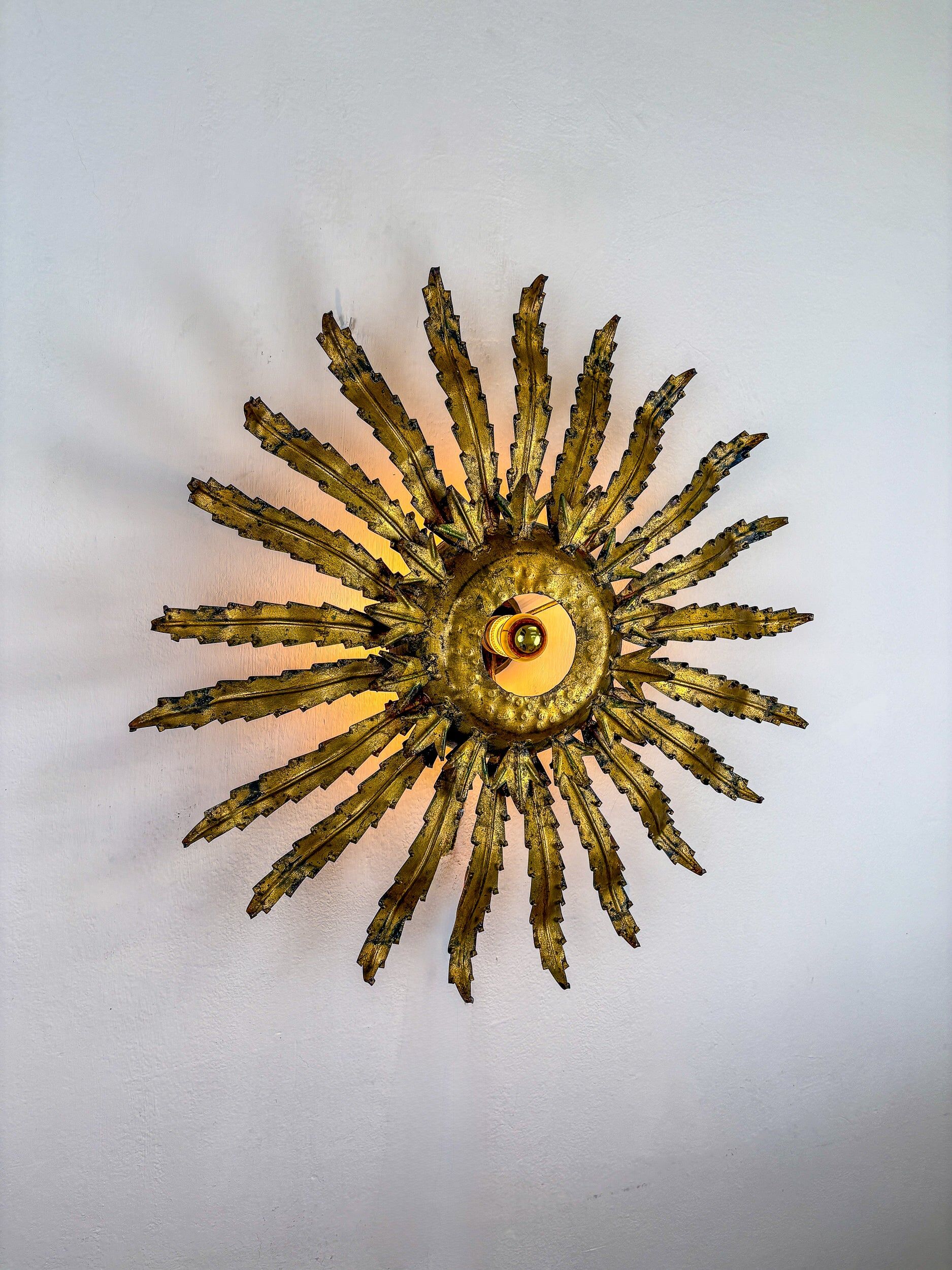 Large French sunburst flower leafed light fixture in gilt metal, 1960s