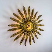 Large French sunburst flower leafed light fixture in gilt metal, 1960s
