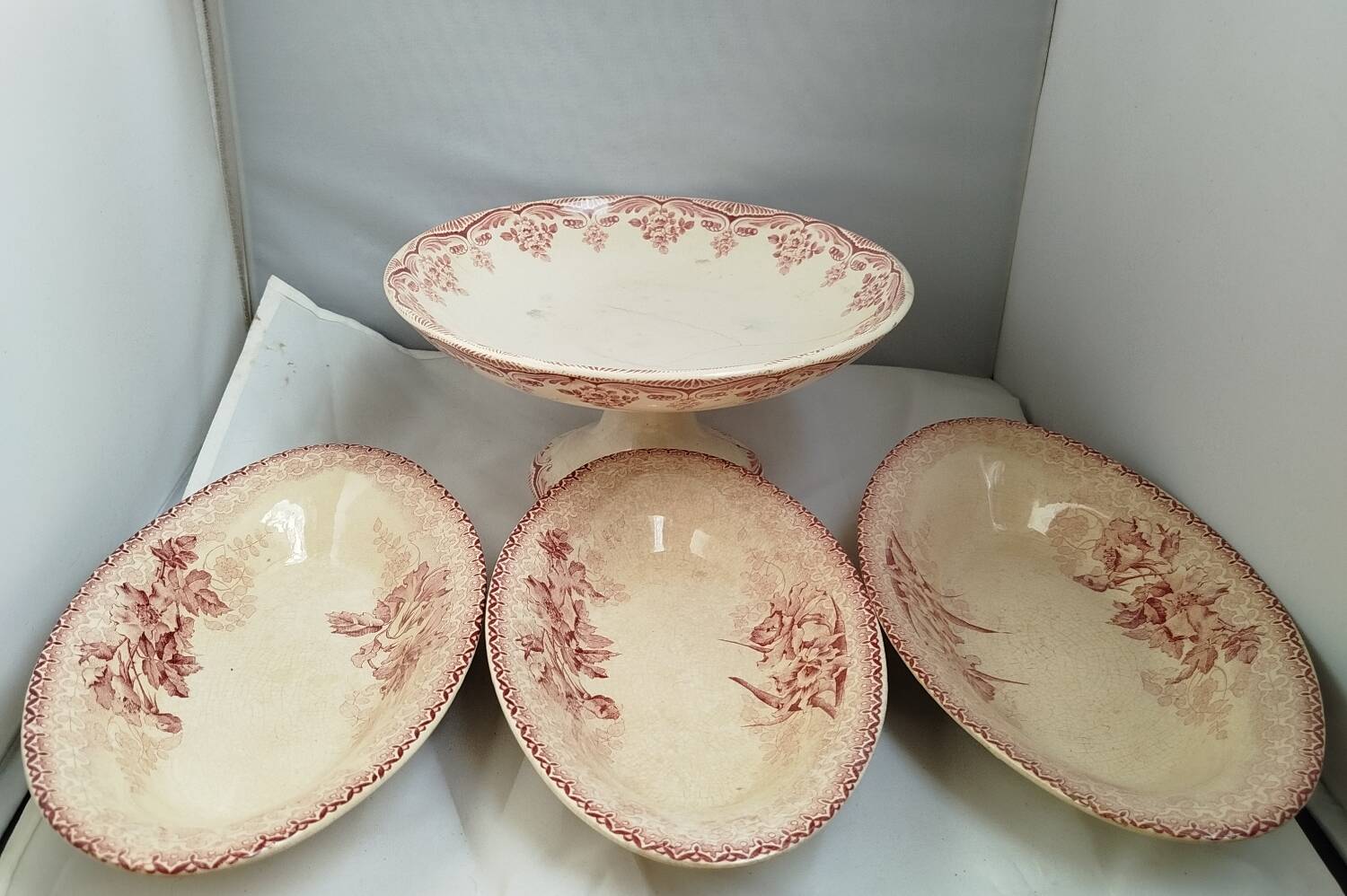 Antique service, fruit dish and 3 oval platters, ironstone