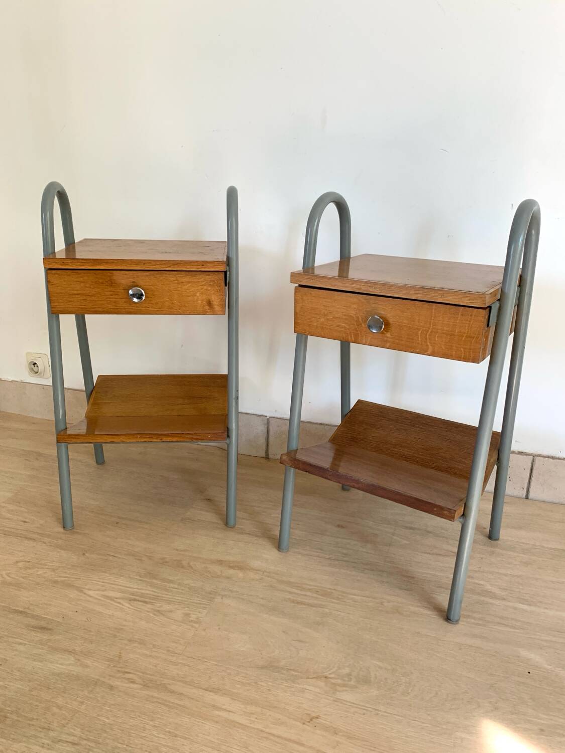Pair of vintage boarding school bedside tables
