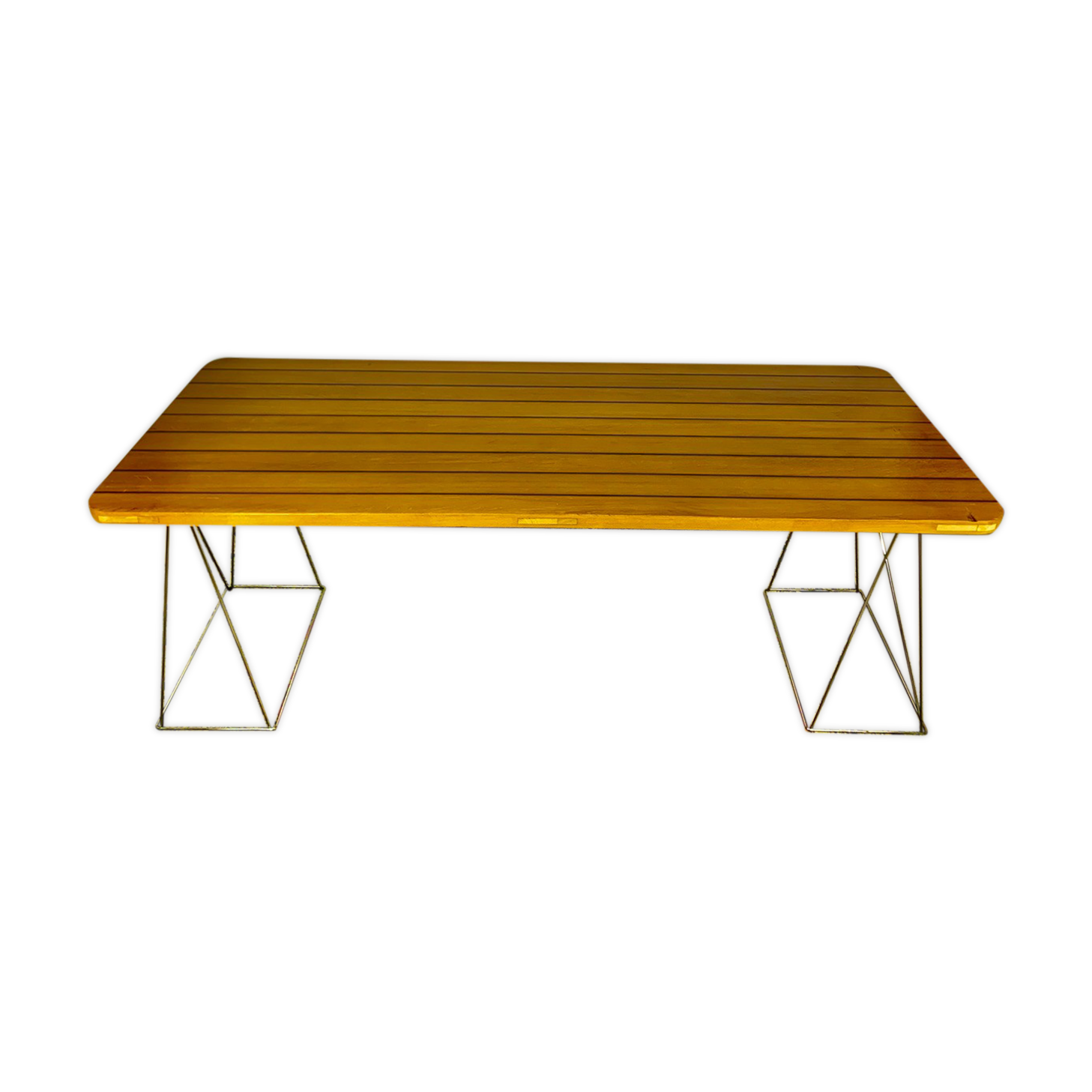 Teak table with chromed tubular metal base