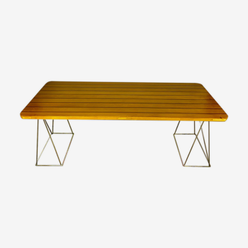 Teak table with chromed tubular metal base
