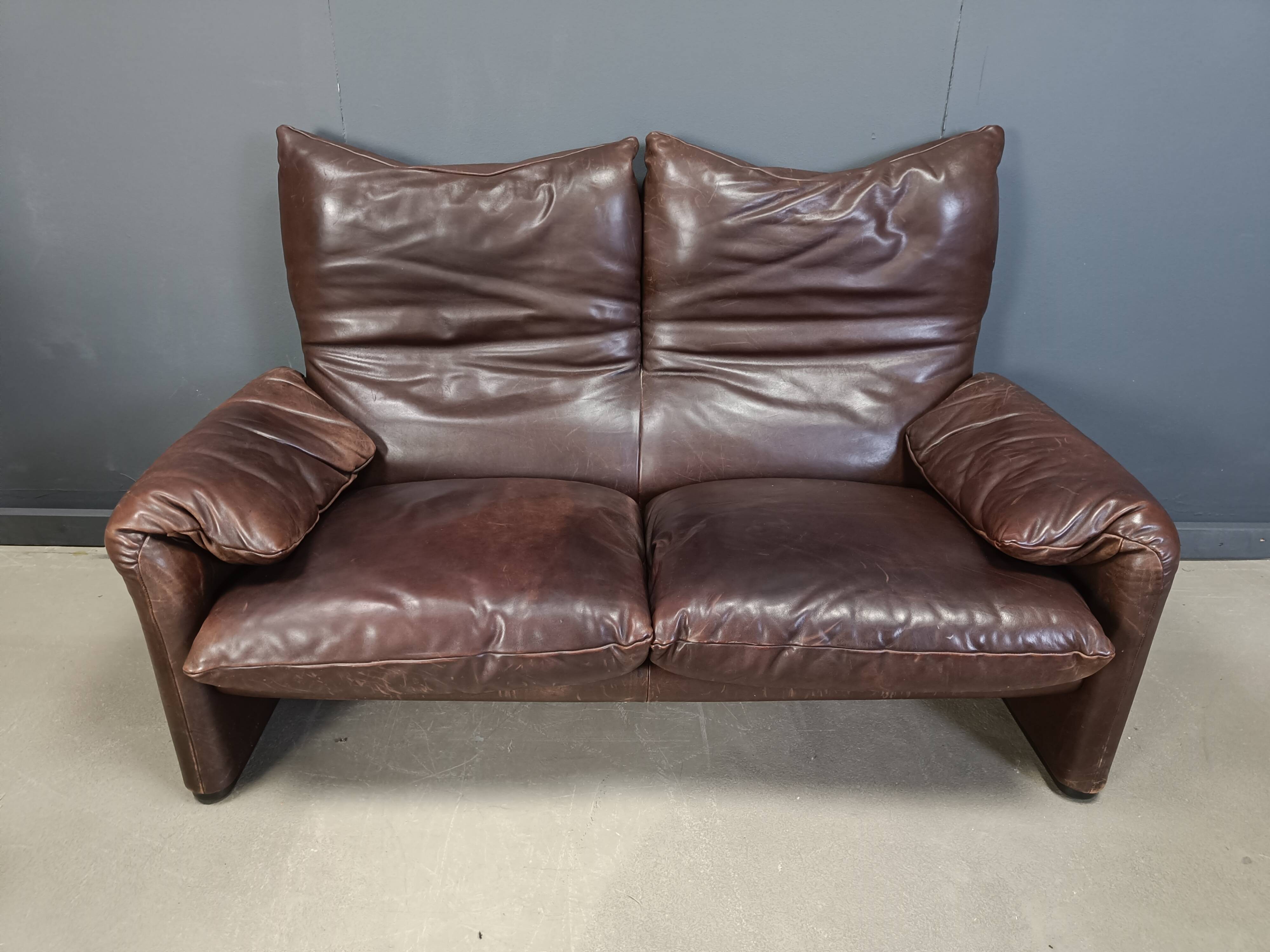 Ensemble de canapés Maralunga en cuir marron vintage, années 1970