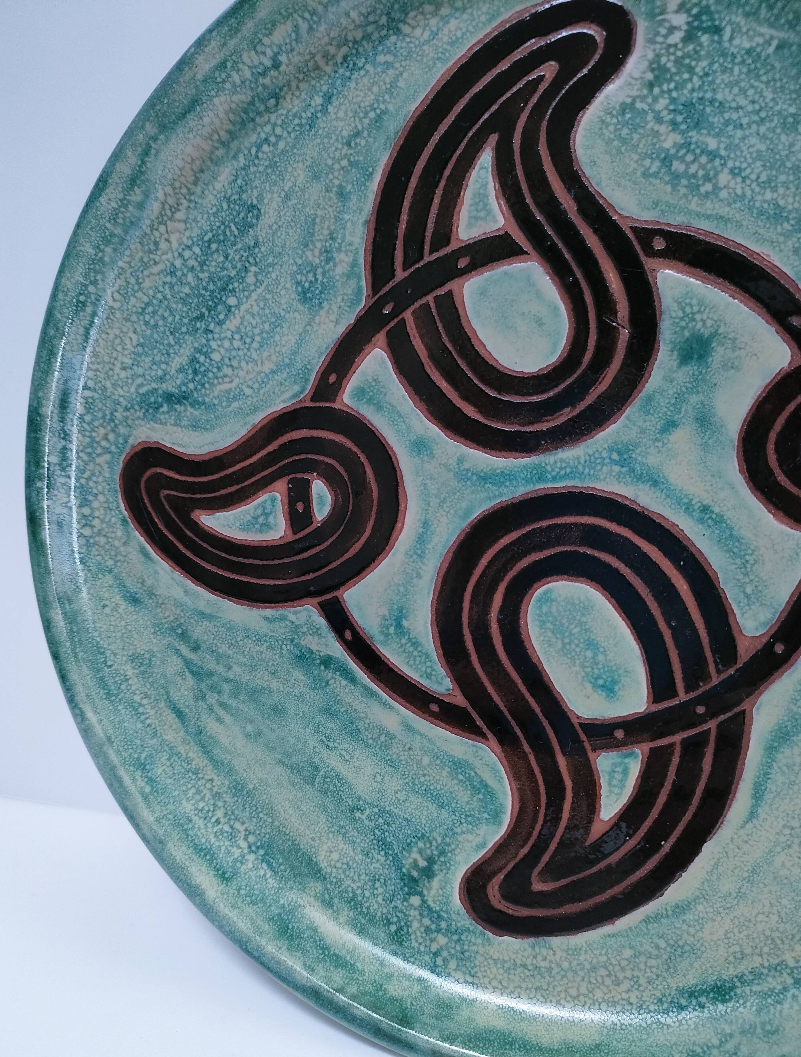 Vintage signed enamelled terracotta flat plate