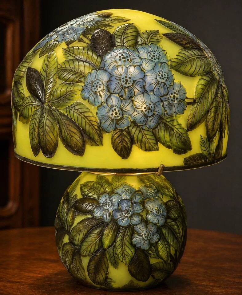 Table lamp in multilayer glass paste, adorned with a rich floral decoration.