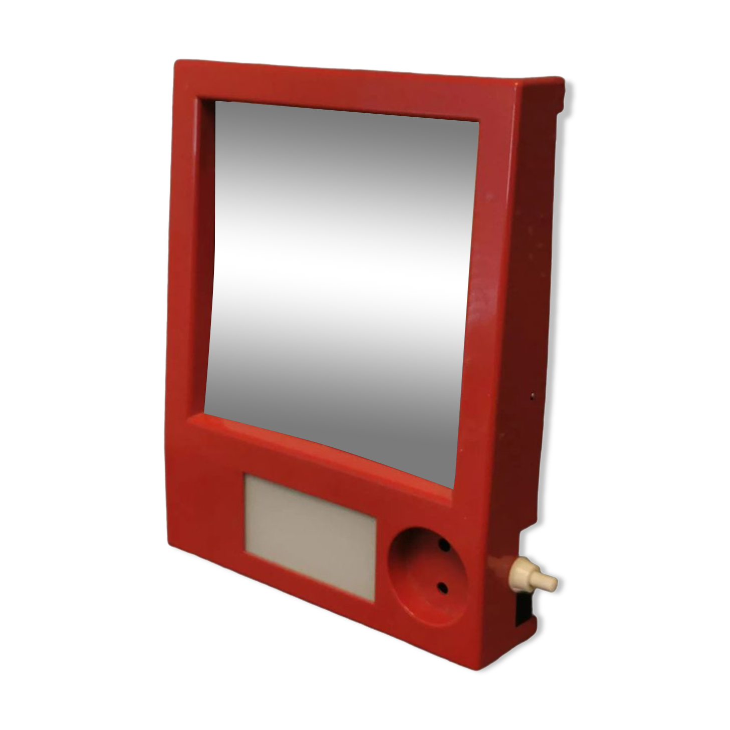 Red danish make up mirror with light and power plug from the 1970