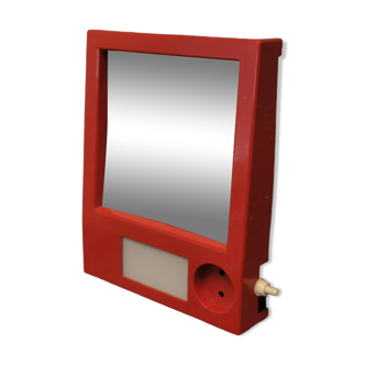 Red danish make up mirror with light and power plug from the 1970