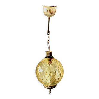 Vintage pendant light in amber textured glass and brass