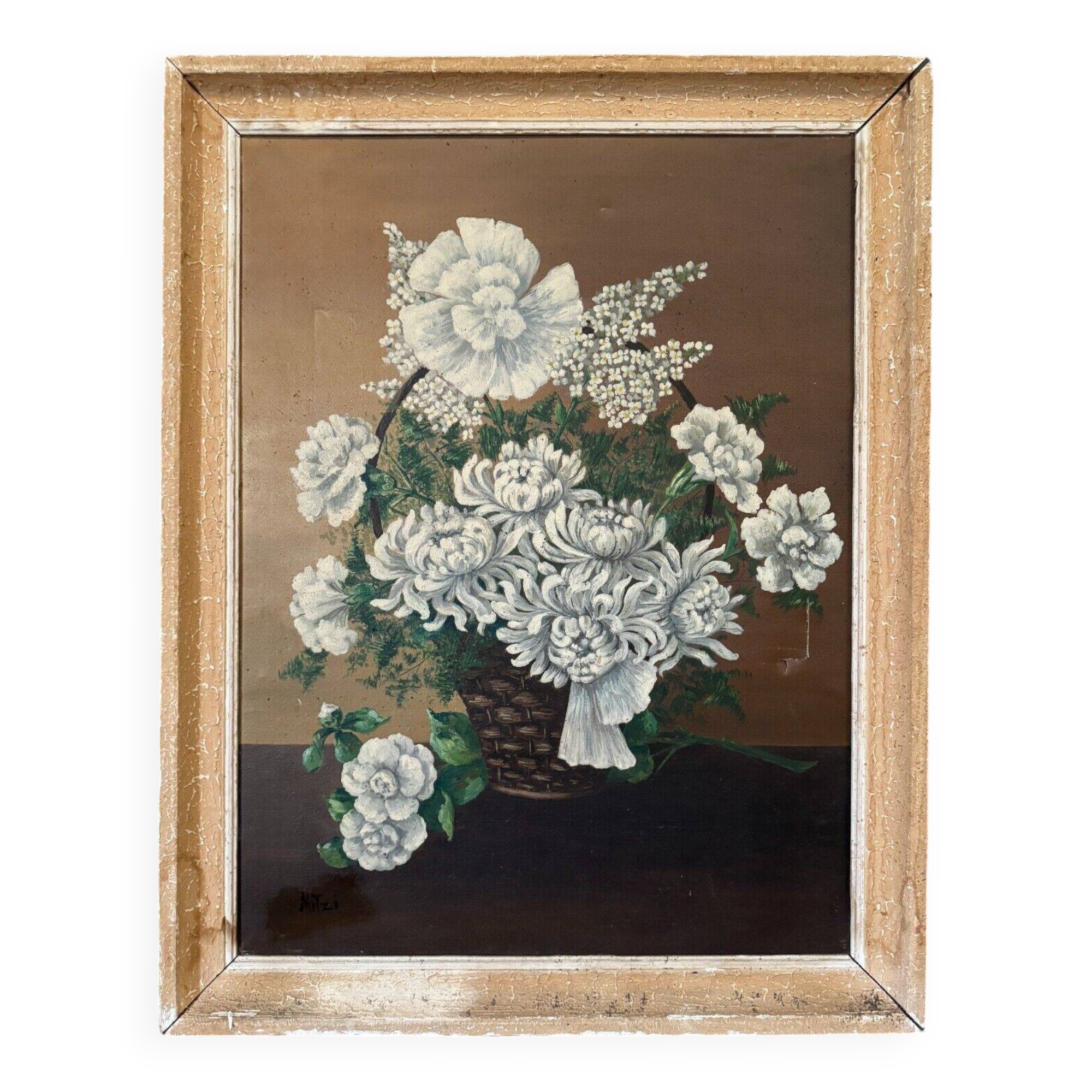 Oil on canvas by Mitzi 20th century still life bouquet of flowers whitewashed frame