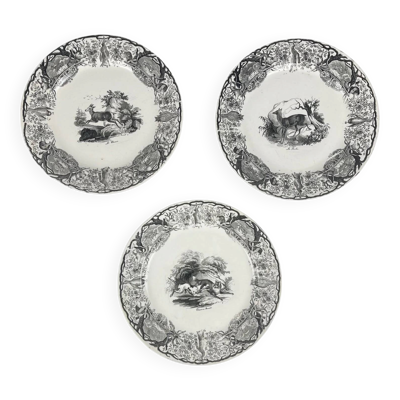Trio d’assiettes anciennes Sarreguemines U&C décor chasse 1850 - XIXe siècle faïence noire La Biche Chamois Renard