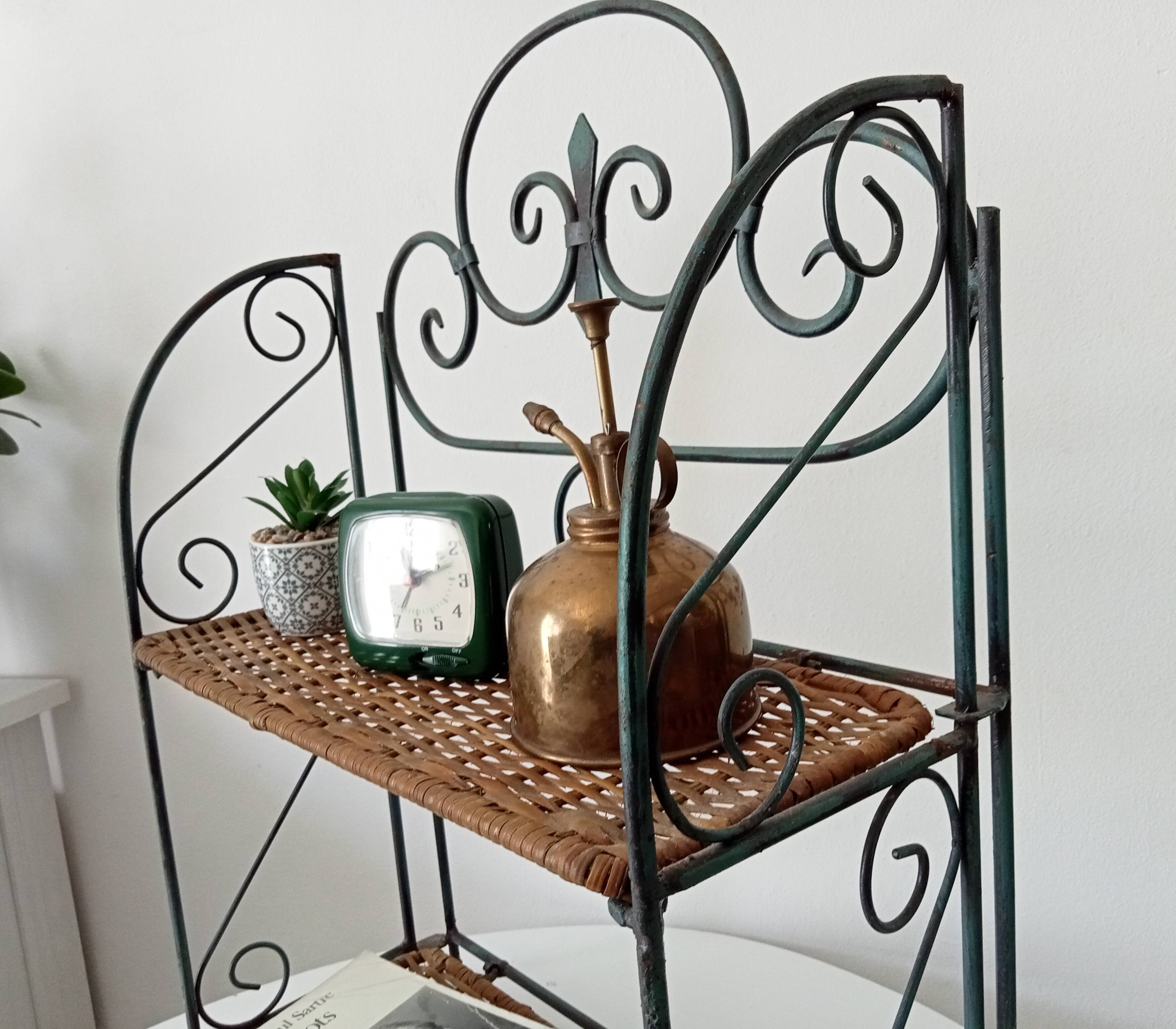 Vintage wall or table shelf in wrought iron and rattan