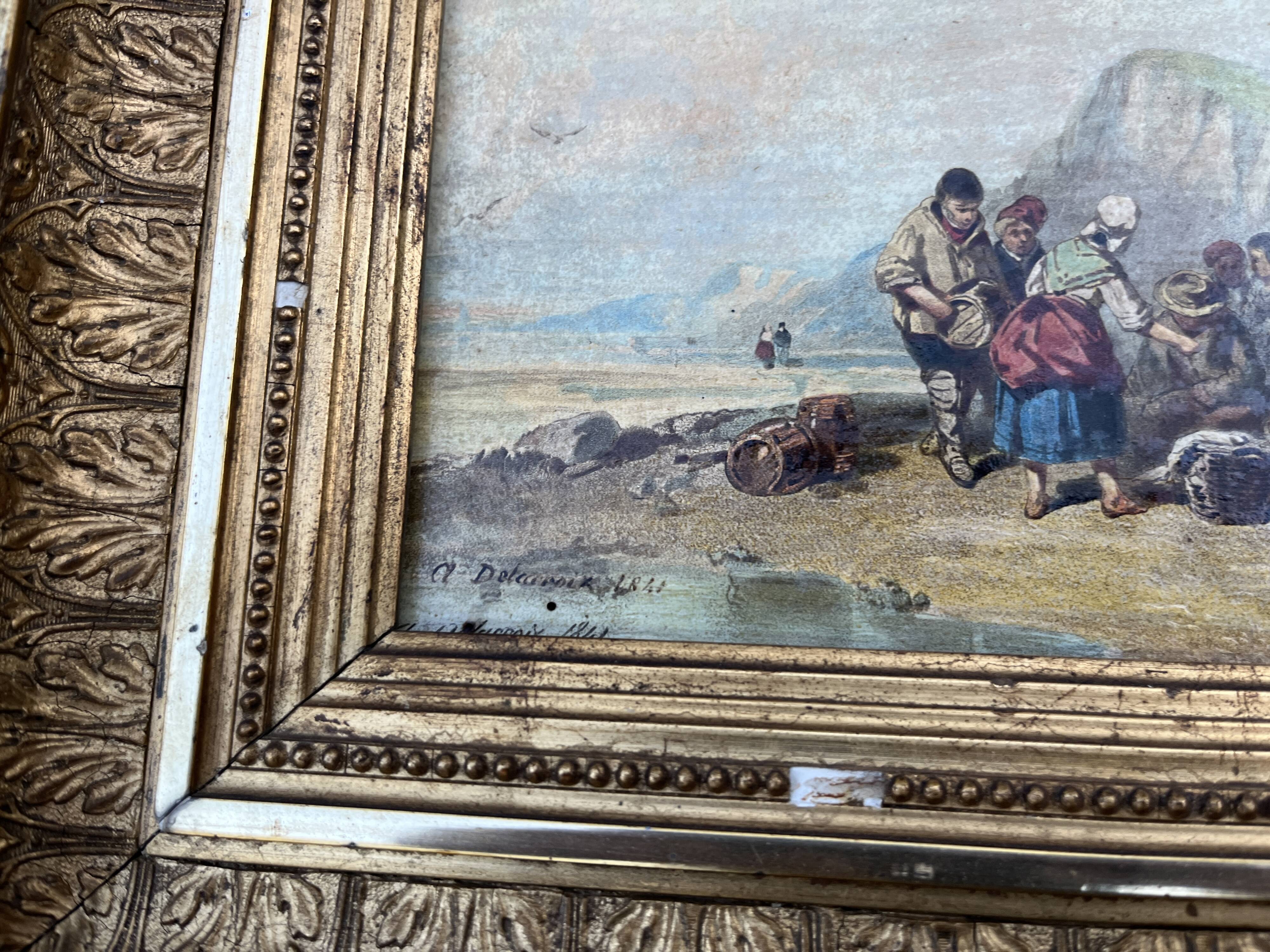 Old painting after A. Delcroix – lively seaside scene, 1841