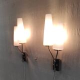 Asymmetrical double light wall sconces in brass, metal, and opaline - 50s