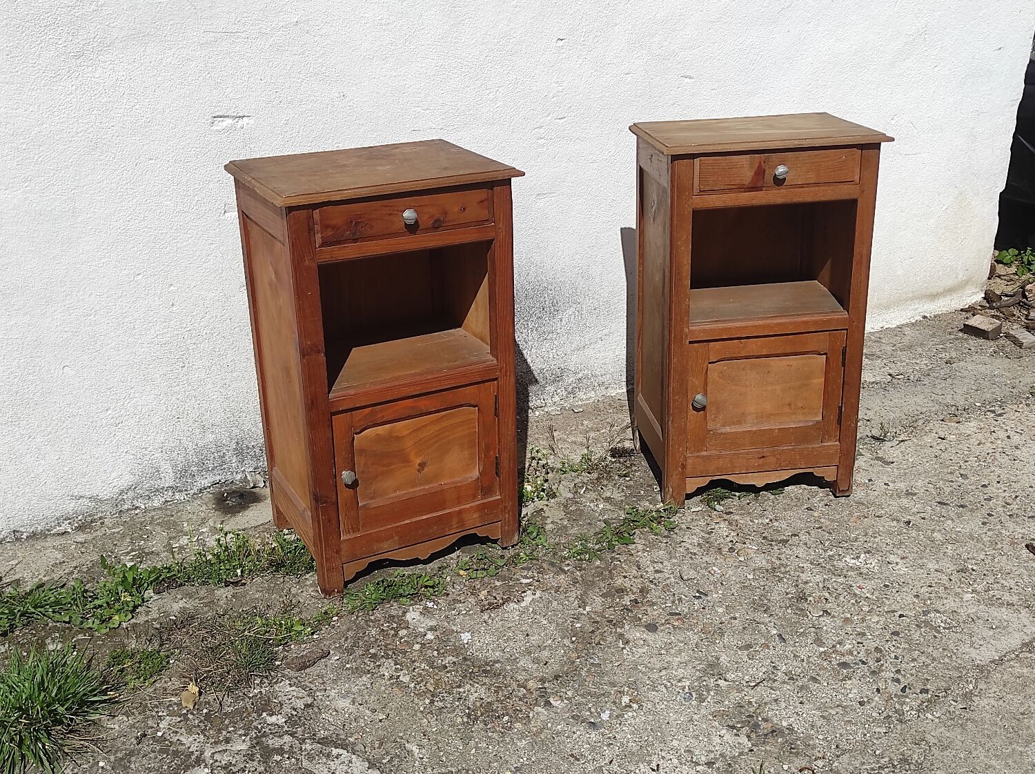 Pair of bedside tables sideboards one door one drawer in rustic fir art deco