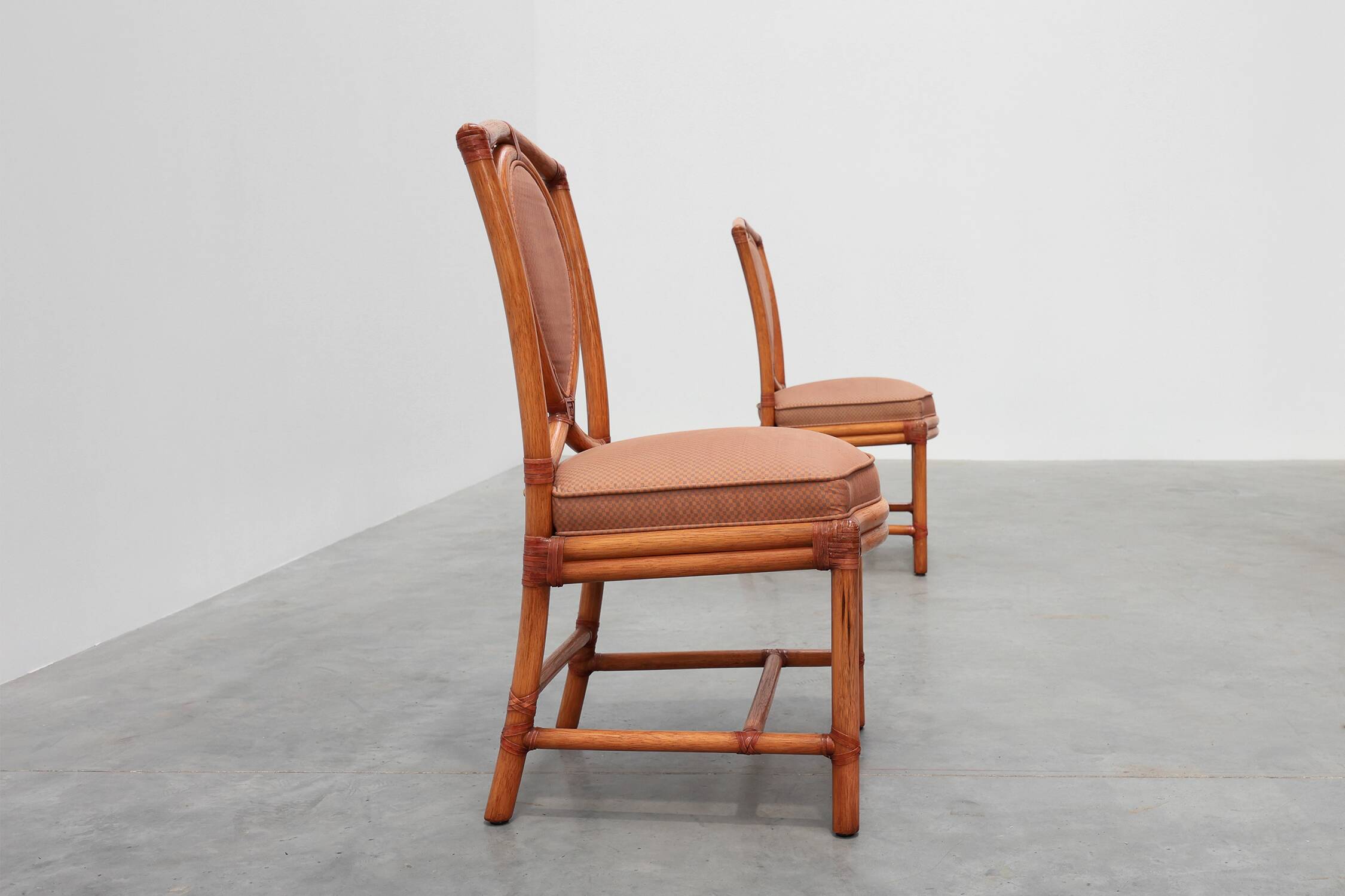 Set of 6 bamboo dining room chairs with geometric upholstery by Gasparucci