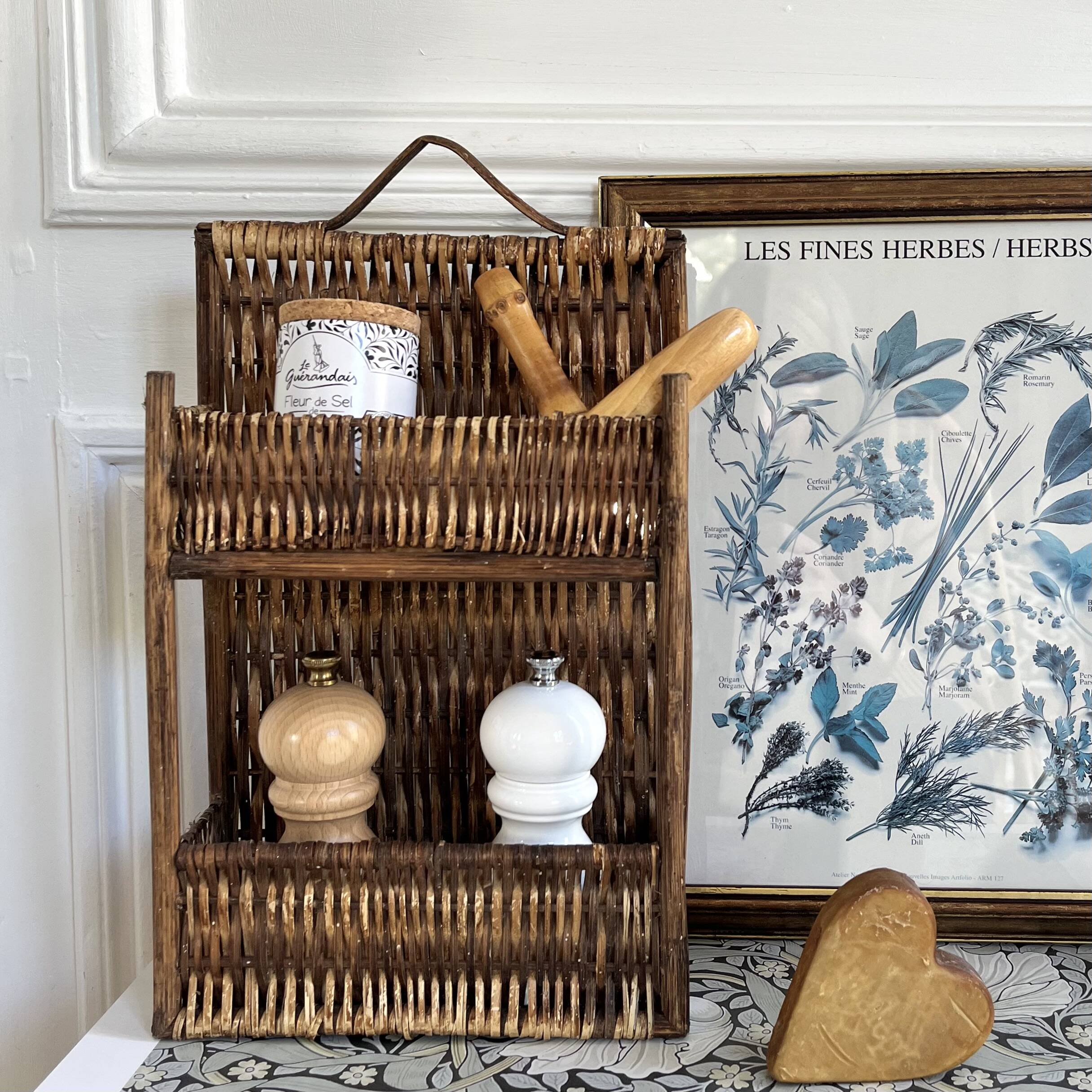 Vintage wicker spice rack