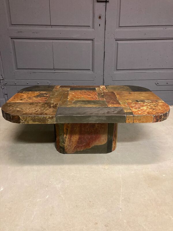 Table basse vintage, ardoise aux couleurs bronze et cuivre, années 1960/70.