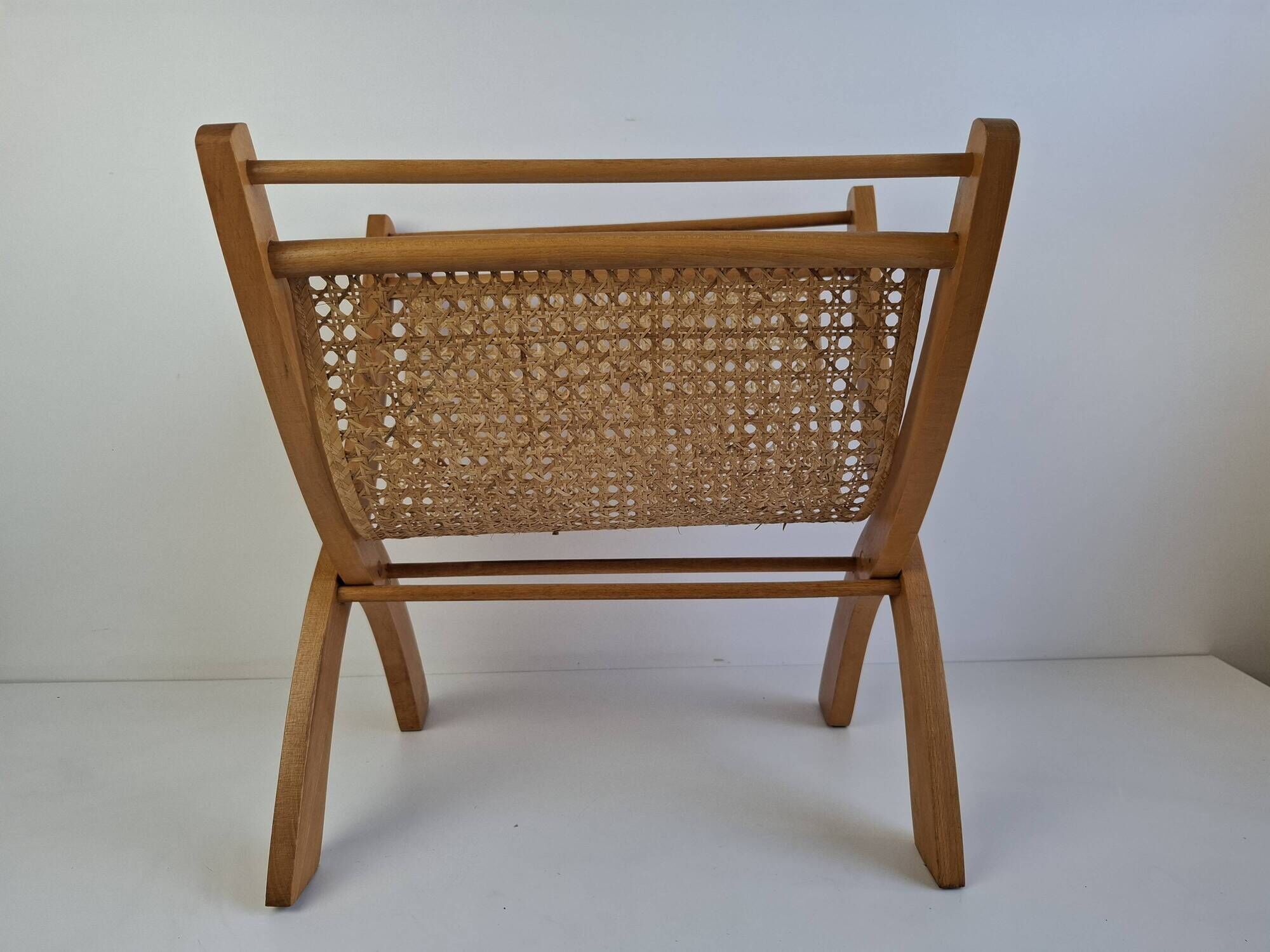 Vintage Mid-Century Wooden and Rattan Folding Magazine Rack, Czechoslovakia