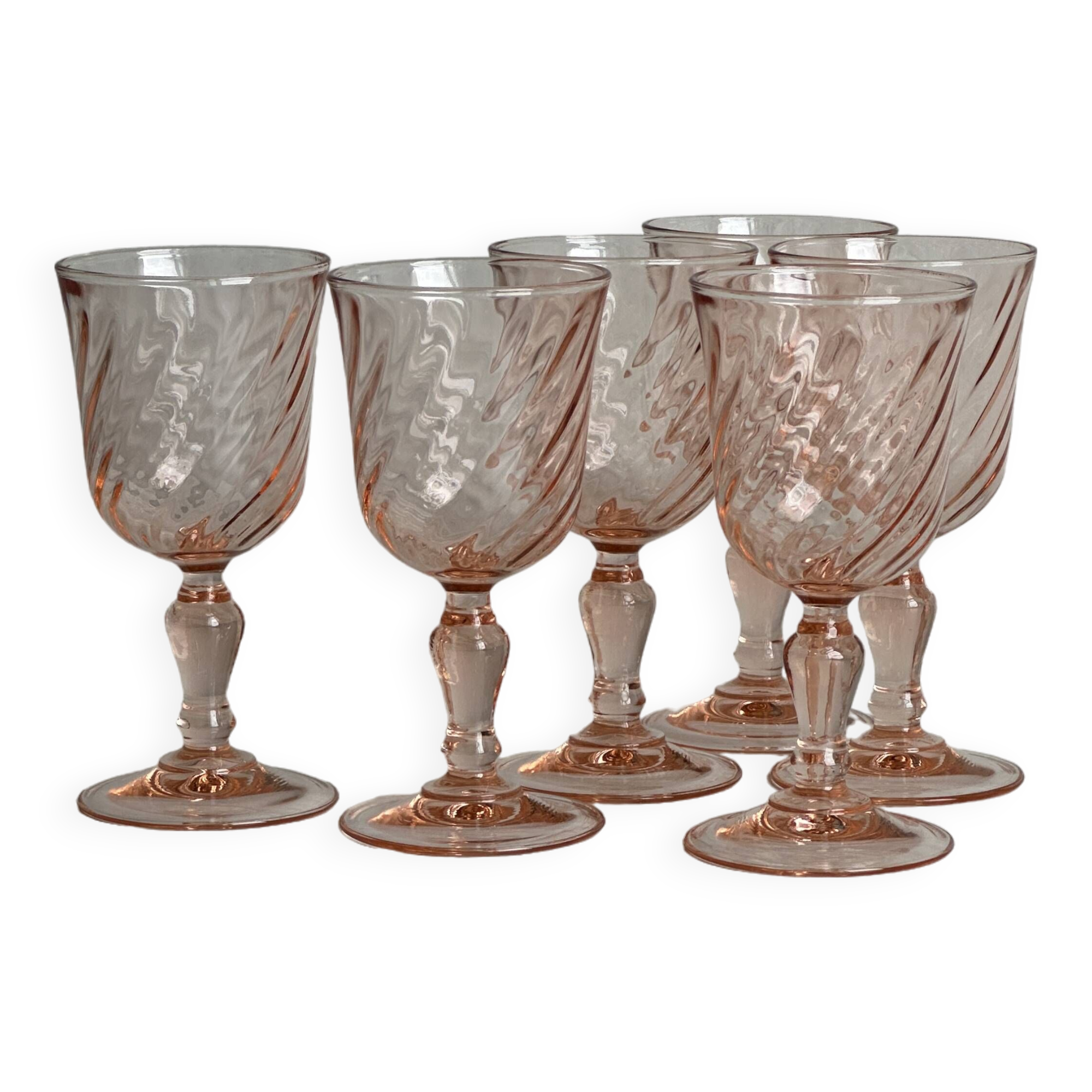 6 liqueur stemmed glasses in twisted pink glass, rosaline.