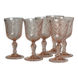 6 liqueur stemmed glasses in twisted pink glass, rosaline.