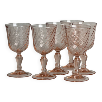 6 liqueur stemmed glasses in twisted pink glass, rosaline.