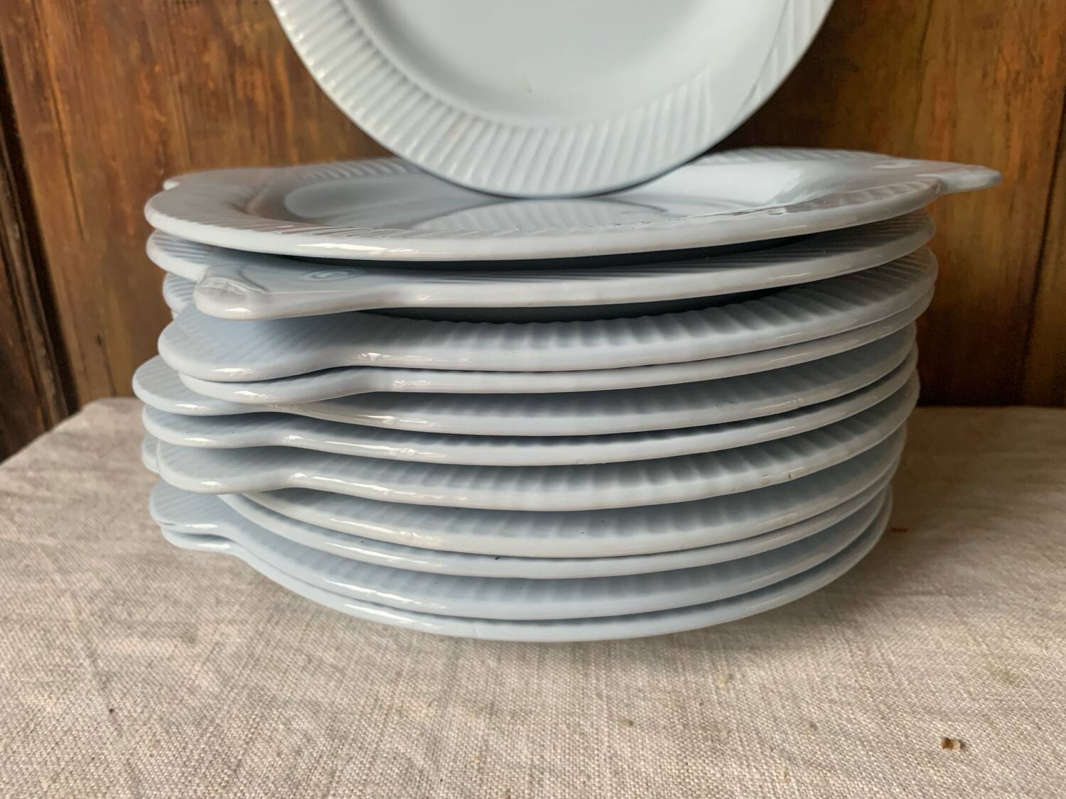 12 blue fish plates, Sarreguemines, 1930s