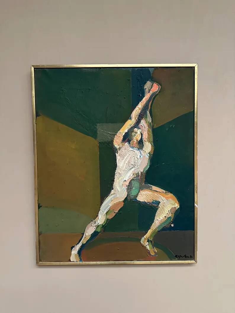 Swedish Oil on Canvas"The Discus Thrower" by Eric Elfvén,vintage and framed