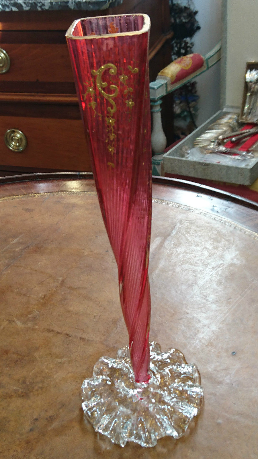 Vase Crystal two-tier gold and pink/translucent