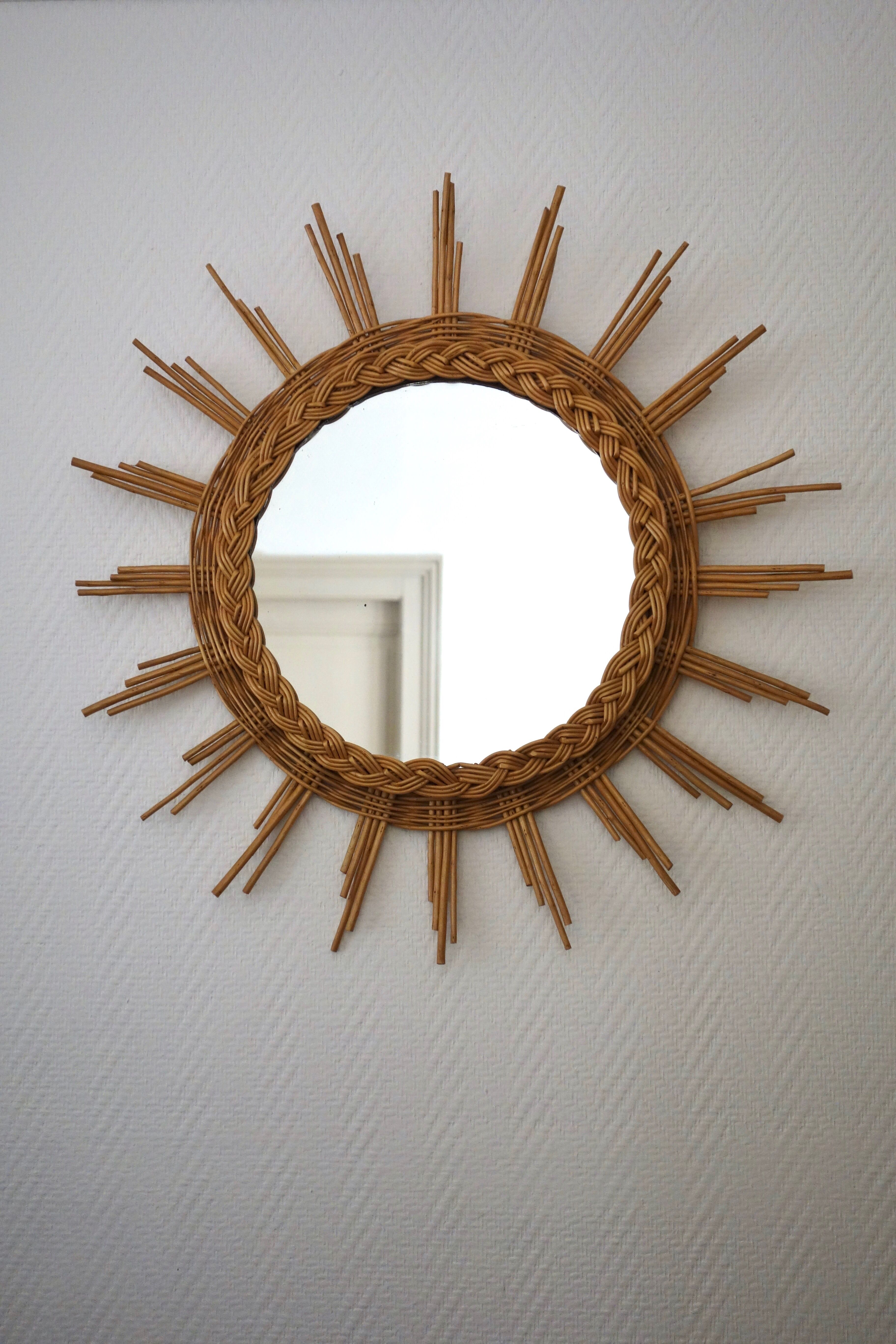 Vintage 60s braided Wicker rattan Sun mirror