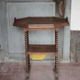 Vintage turned wood dessert trolley, wheeled table with removable top.