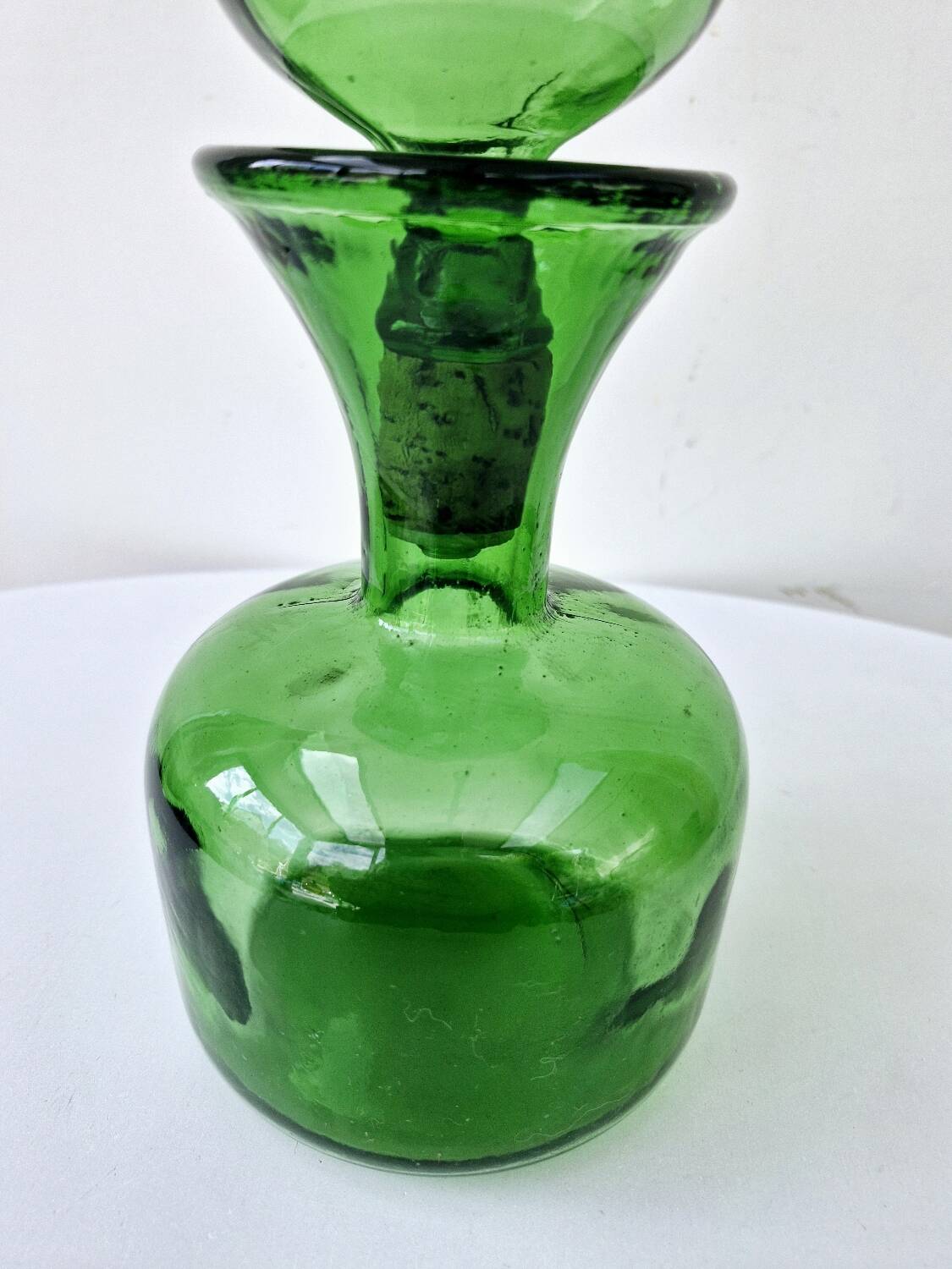 Vintage Green Empoli Italian Glass Carafe With Fleur De Lys Seal Stopper